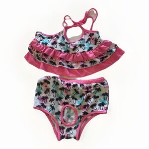 Pink Tropical Palm Tree Pet Bikini Set Two-Piece Dog Swimsuit with Ruffles